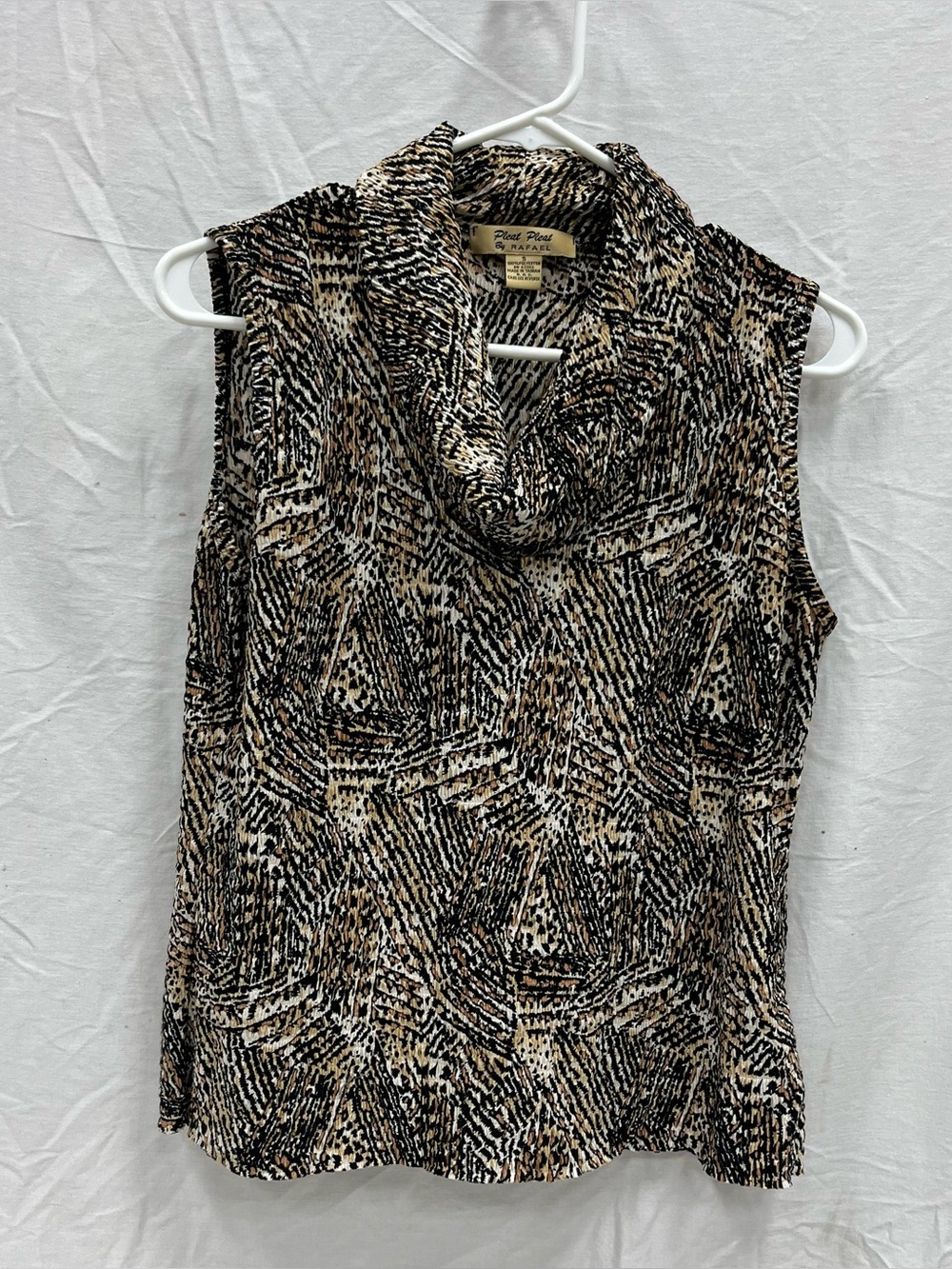 Rafael Pleat Pleat Cowl Neck Sleeveless Top- Black, Brown Animal Print Pattern